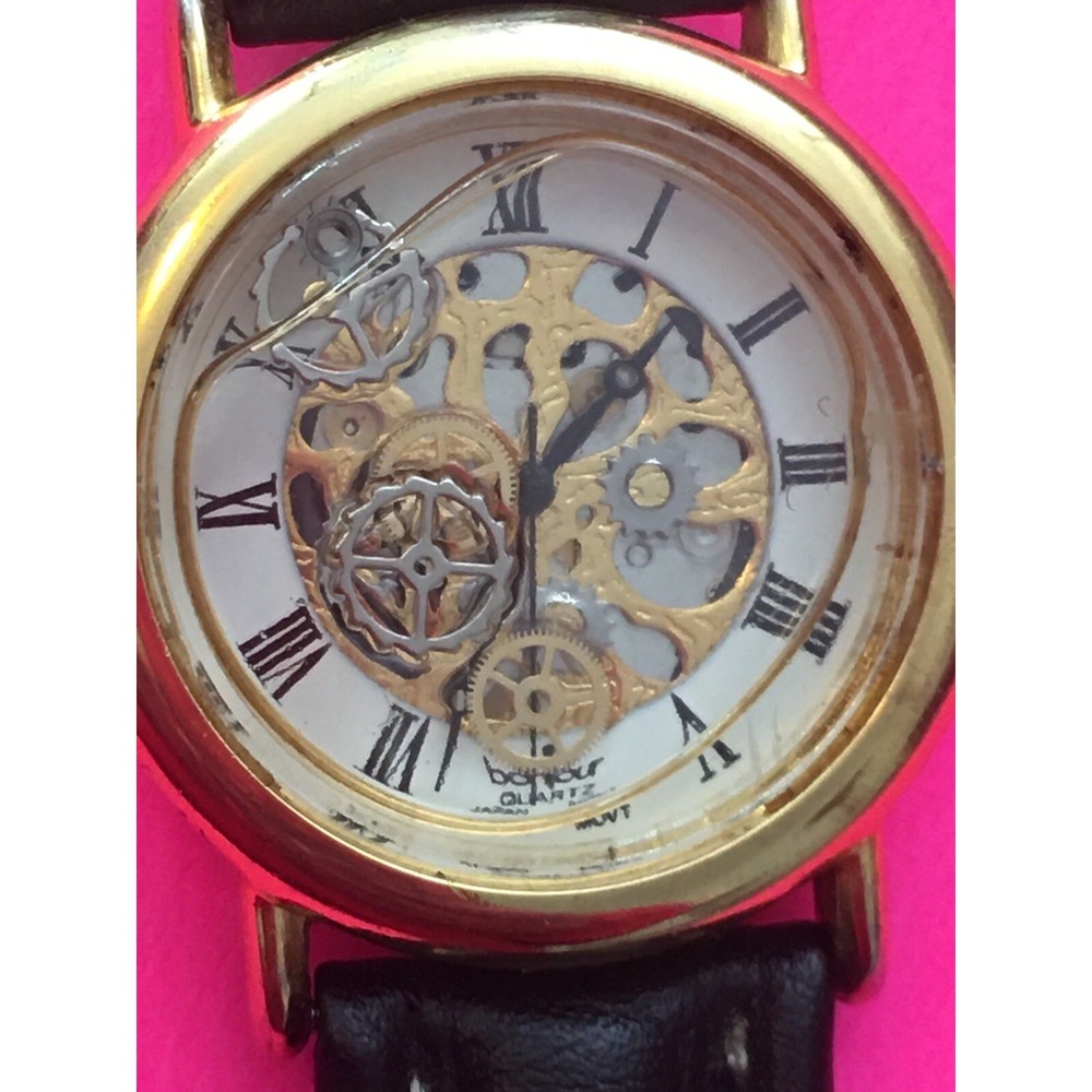 vintage bonjour skeleton watch  liquid strange weird japan movement leather
